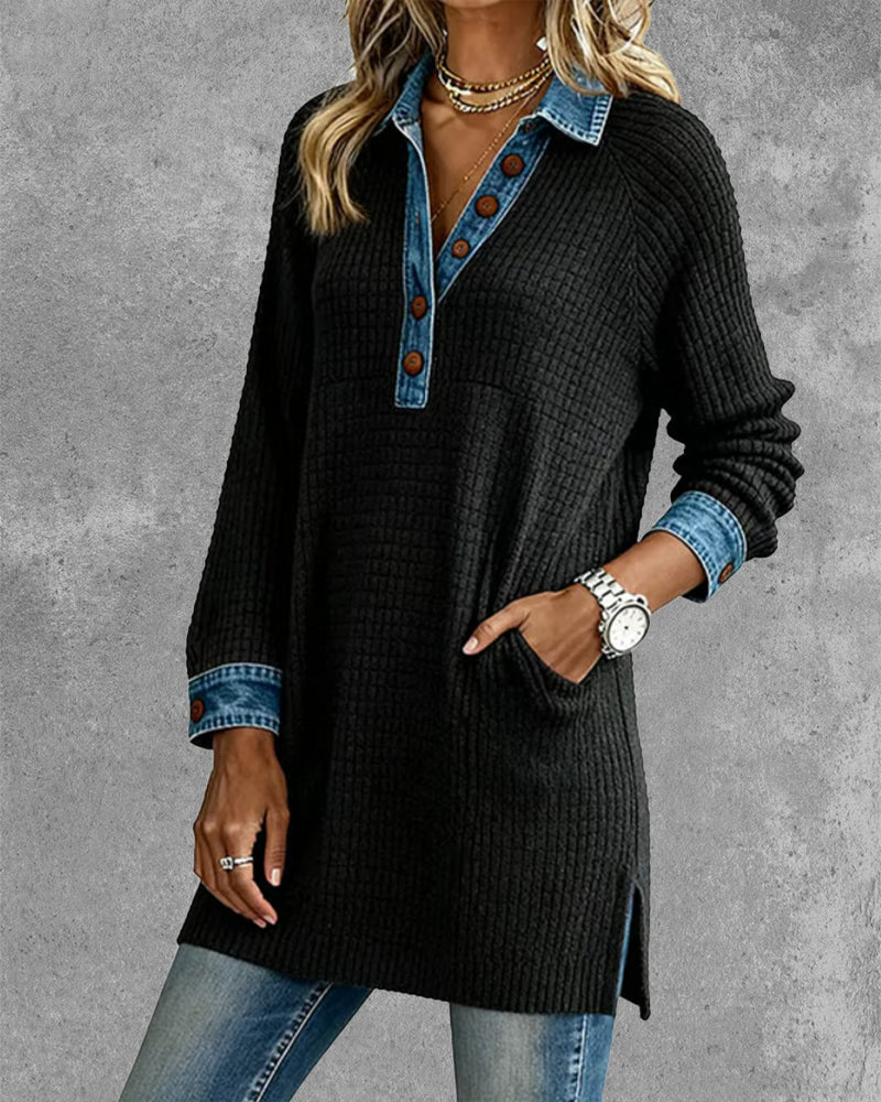 Liora | Ribbed Denim-Trim Longline Top