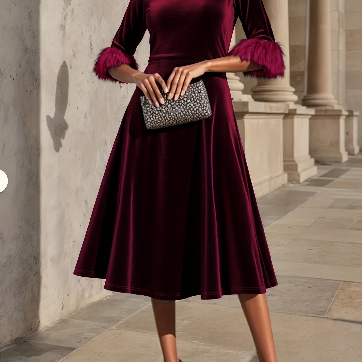 Vivienne | Velvet Midi Dress with Feather Cuff Detail
