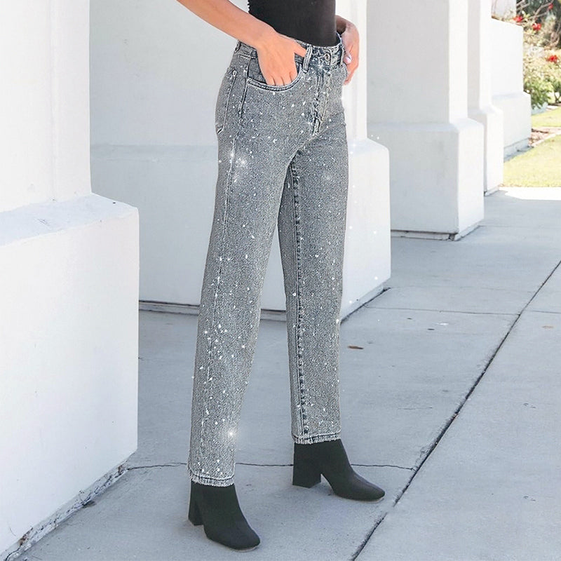 Mobaya | Rhinestone-Embellished Straight-Leg Jeans