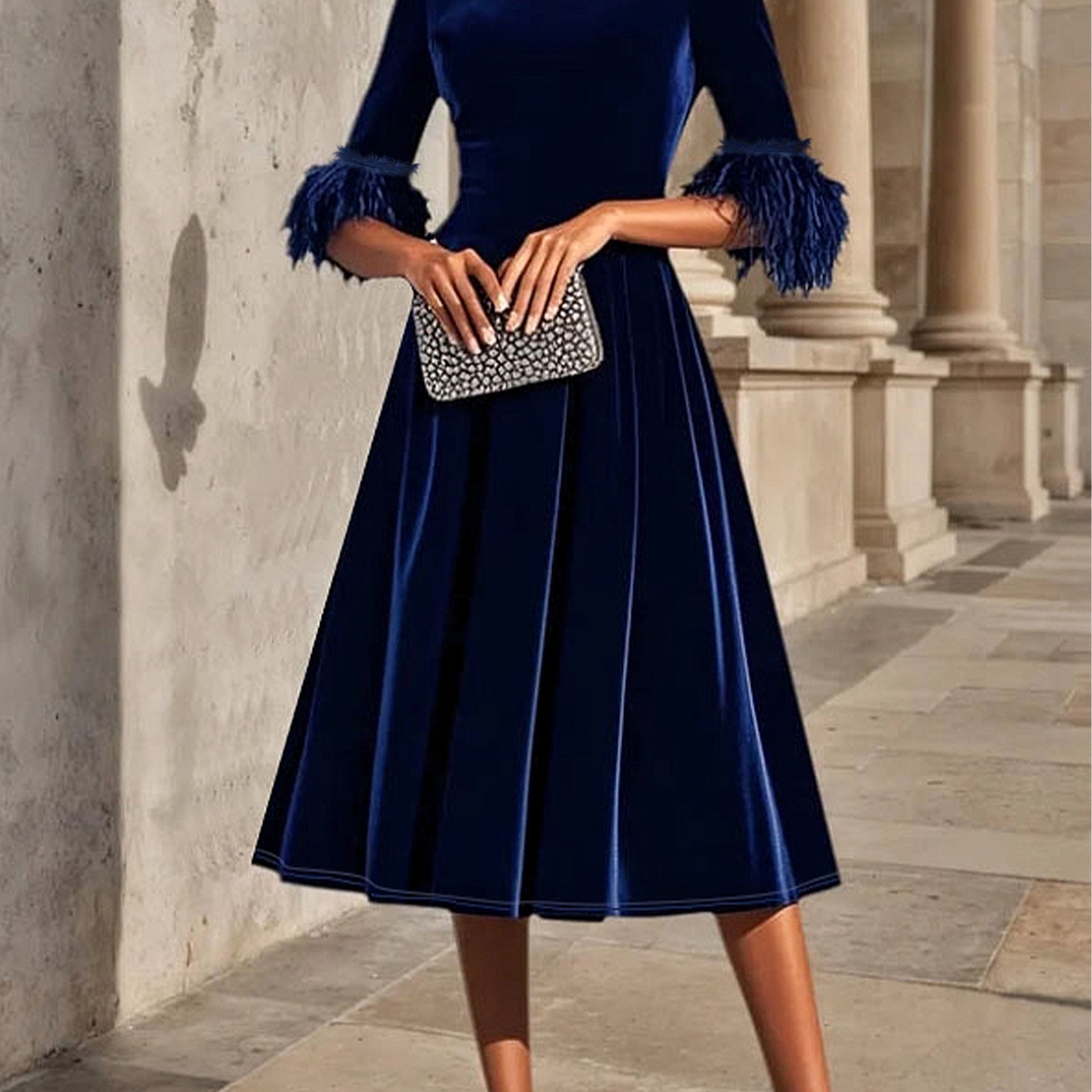 Vivienne | Velvet Midi Dress with Feather Cuff Detail