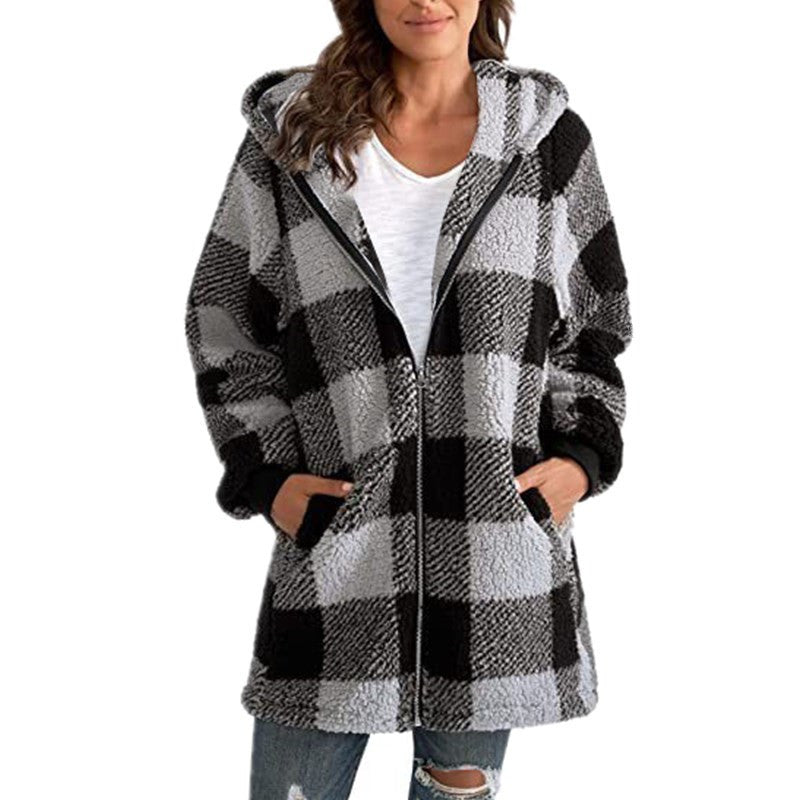 Caron - Plaid Fleece Long Sleeve Hooded Coat