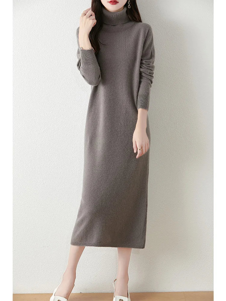 Marienne™ | Pure Merino Wool Turtleneck Midi Dress