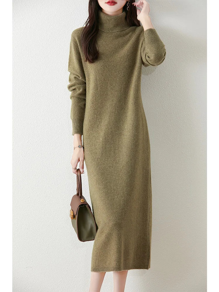 Marienne™ | Pure Merino Wool Turtleneck Midi Dress