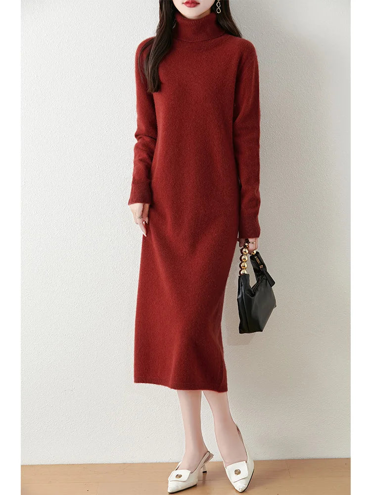 Marienne™ | Pure Merino Wool Turtleneck Midi Dress
