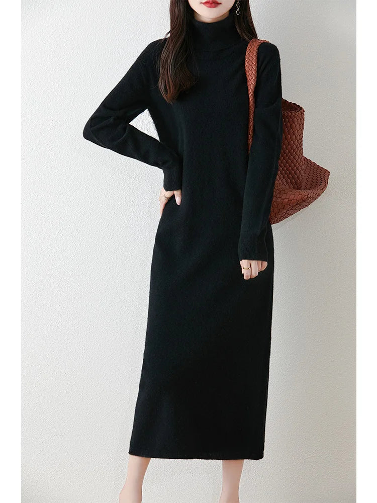 Marienne™ | Pure Merino Wool Turtleneck Midi Dress
