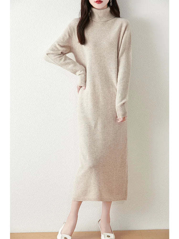 Marienne™ | Pure Merino Wool Turtleneck Midi Dress