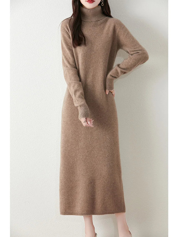 Marienne™ | Pure Merino Wool Turtleneck Midi Dress
