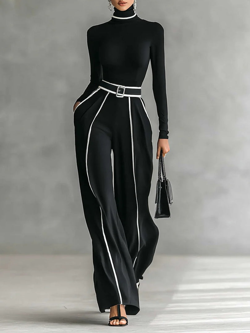 Karyssa - Turtle Neck Top and Wide-Leg Pants with Belt