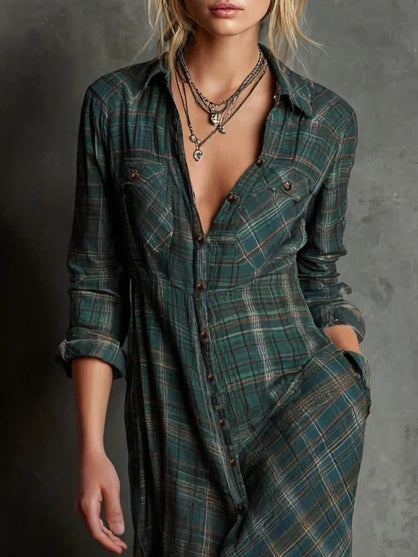 Isibeal – Long Dress with Green Check Lapel