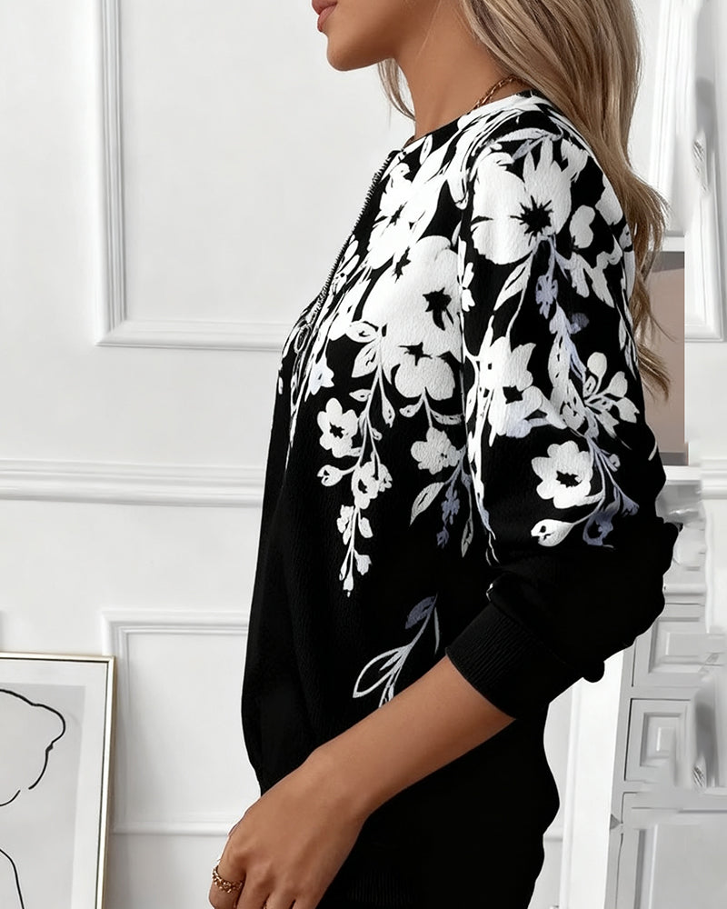 Flora™ | Elegant Floral Zip-Neck Sweatshirt