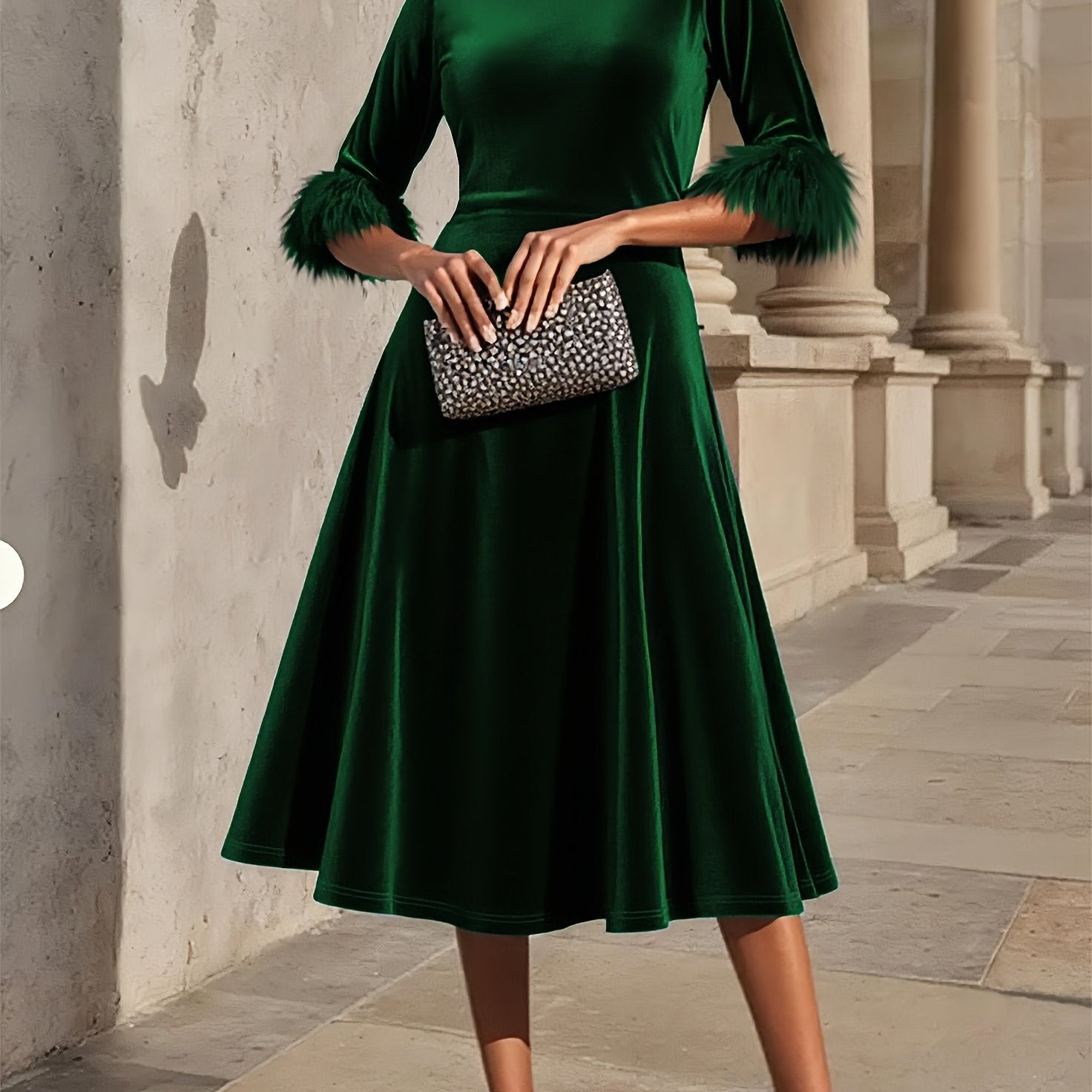 Vivienne | Velvet Midi Dress with Feather Cuff Detail