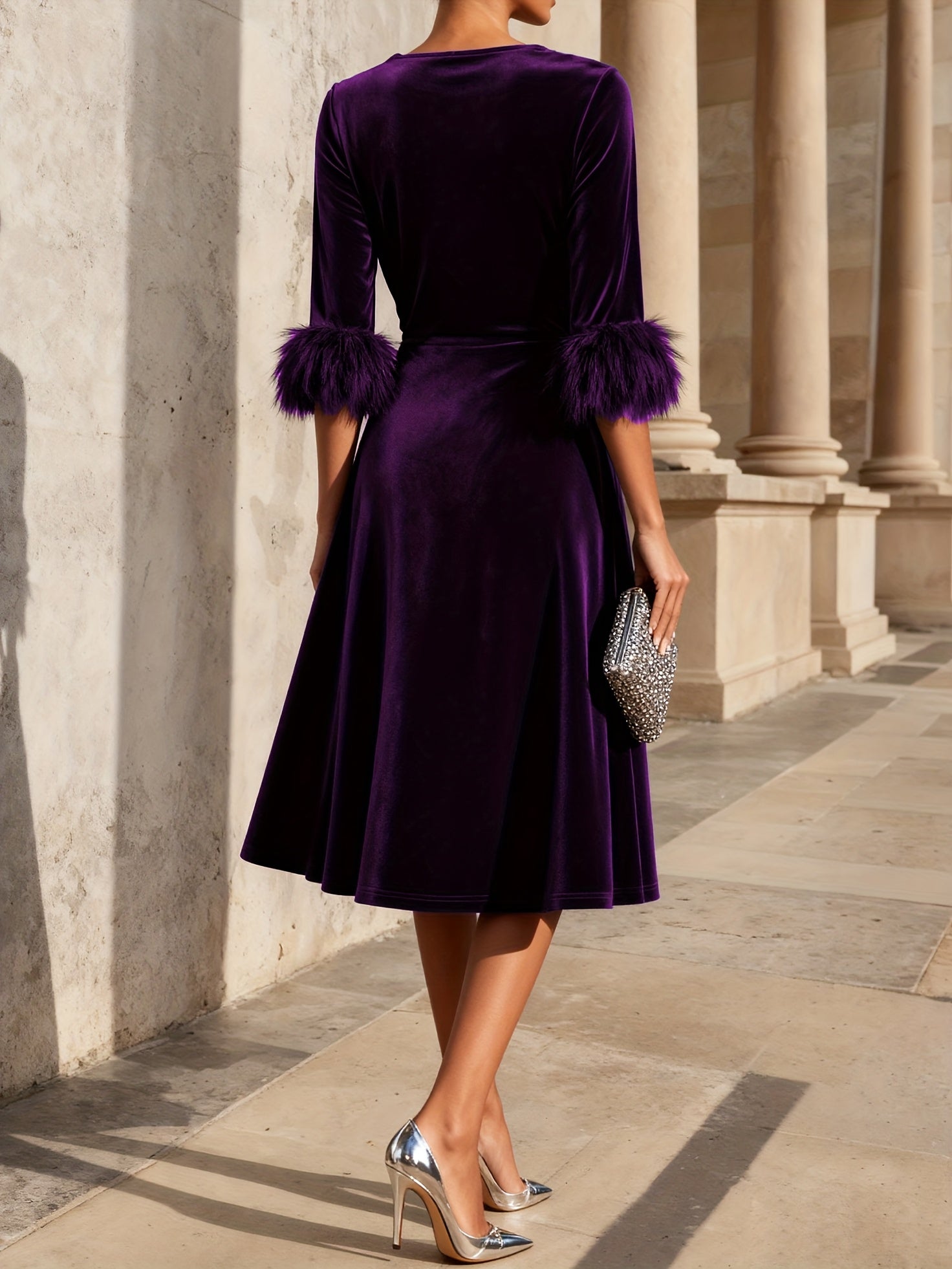 Vivienne | Velvet Midi Dress with Feather Cuff Detail