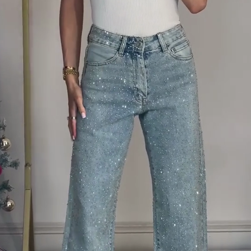 Mobaya | Rhinestone-Embellished Straight-Leg Jeans