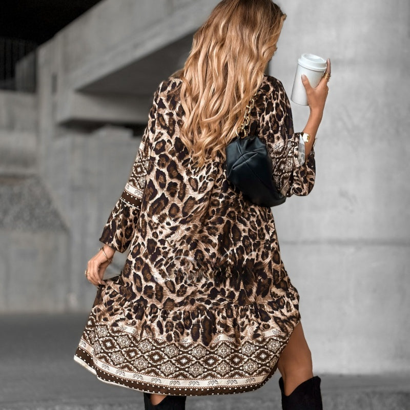 Fainne – Printed Long-Sleeve V-Neck Dress