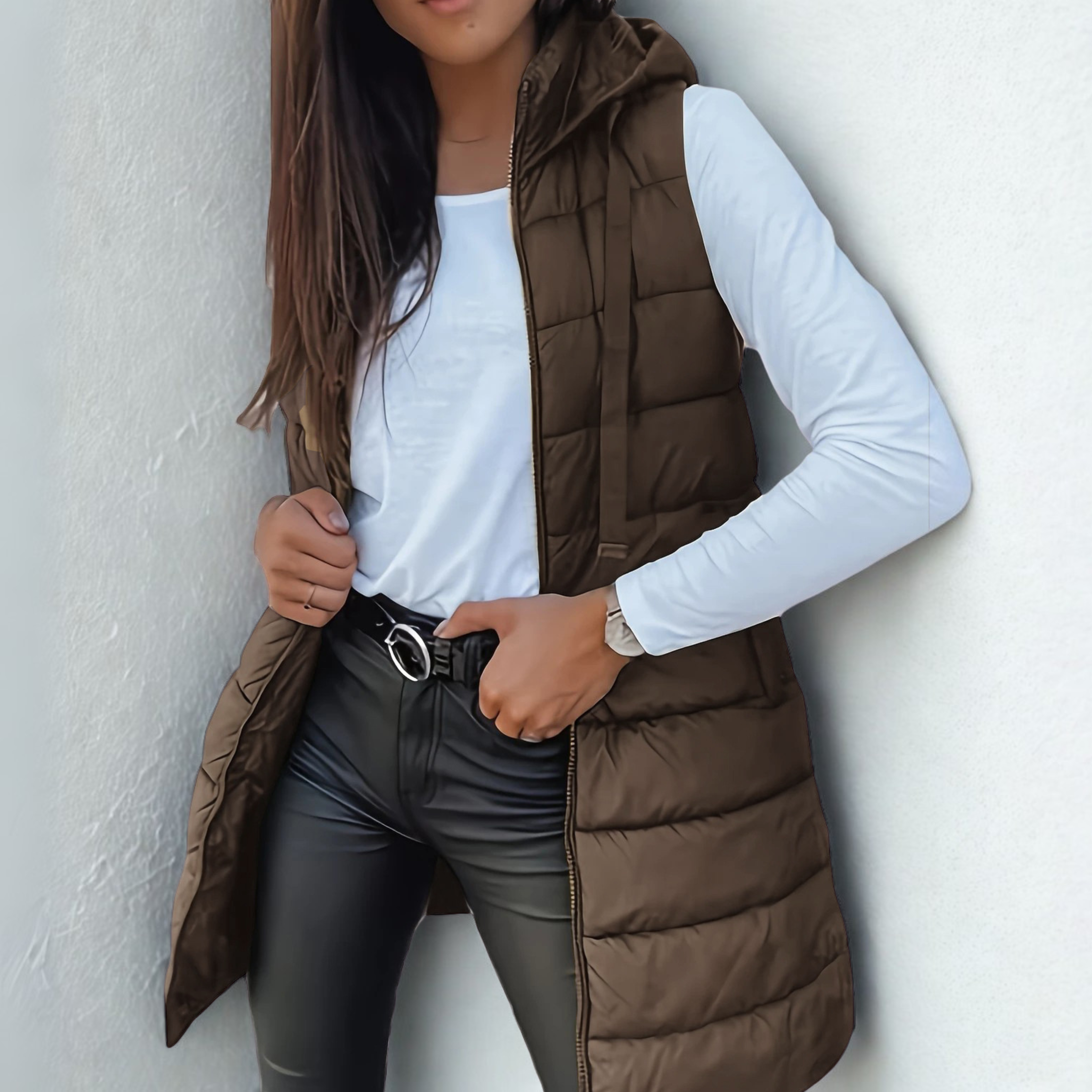 Rain | Casual Long Hooded Puffer Vest