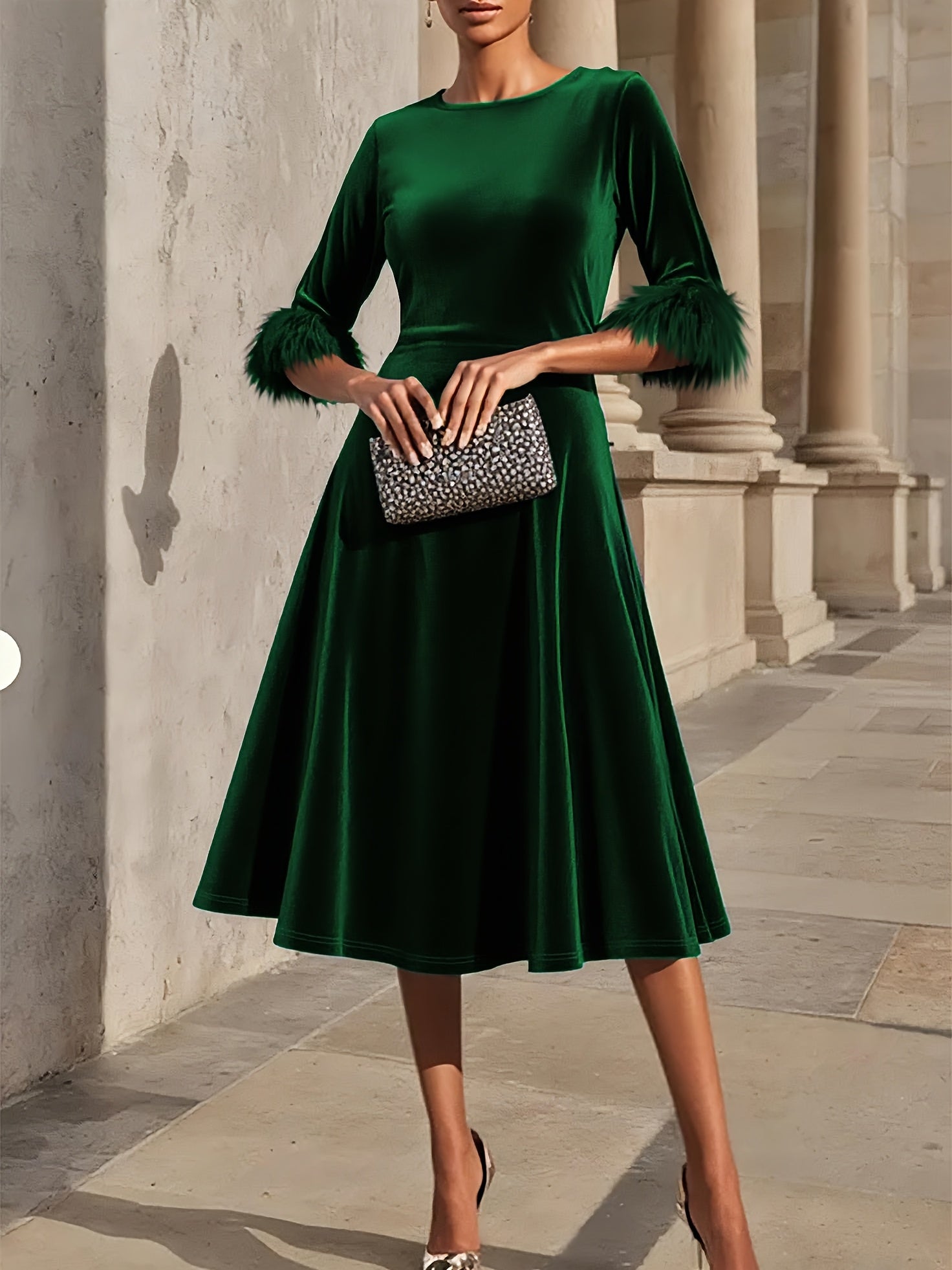 Vivienne | Velvet Midi Dress with Feather Cuff Detail