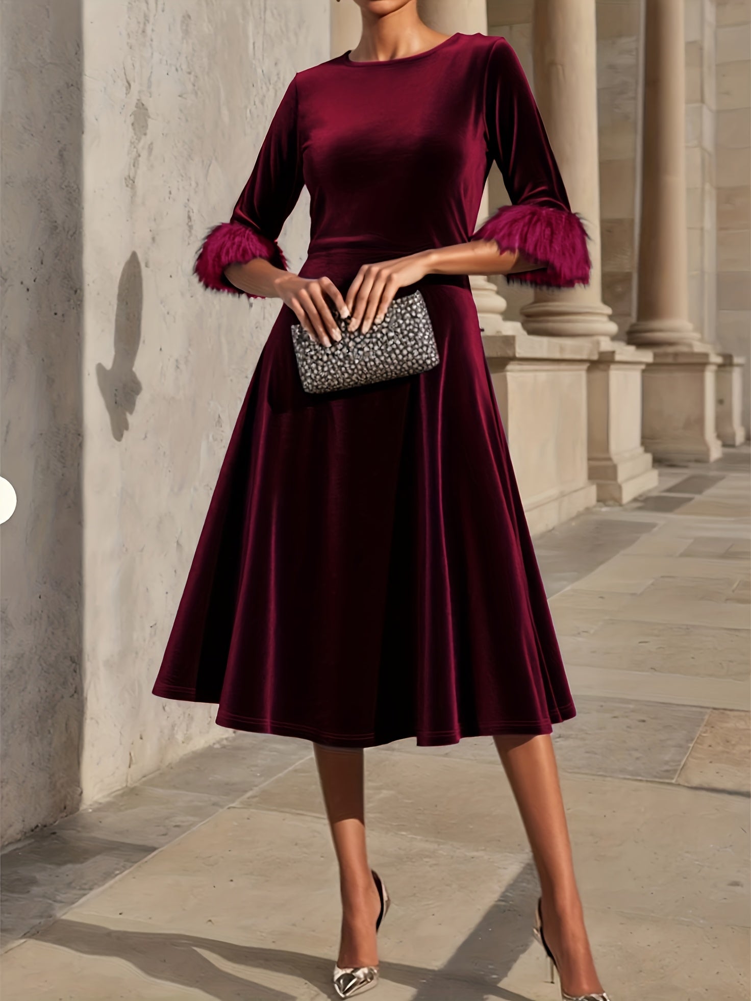 Vivienne | Velvet Midi Dress with Feather Cuff Detail