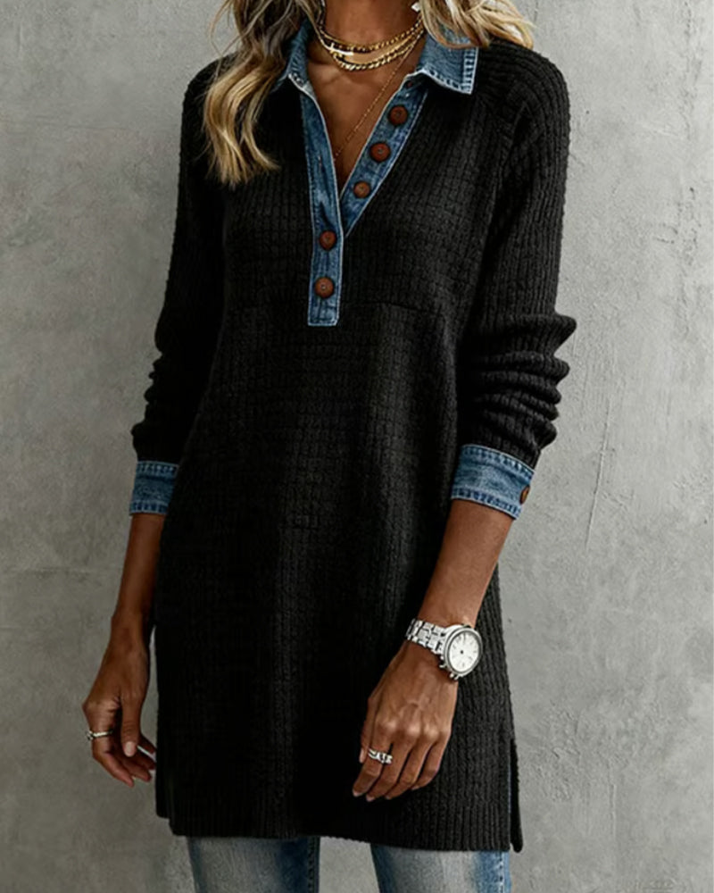 Liora | Ribbed Denim-Trim Longline Top