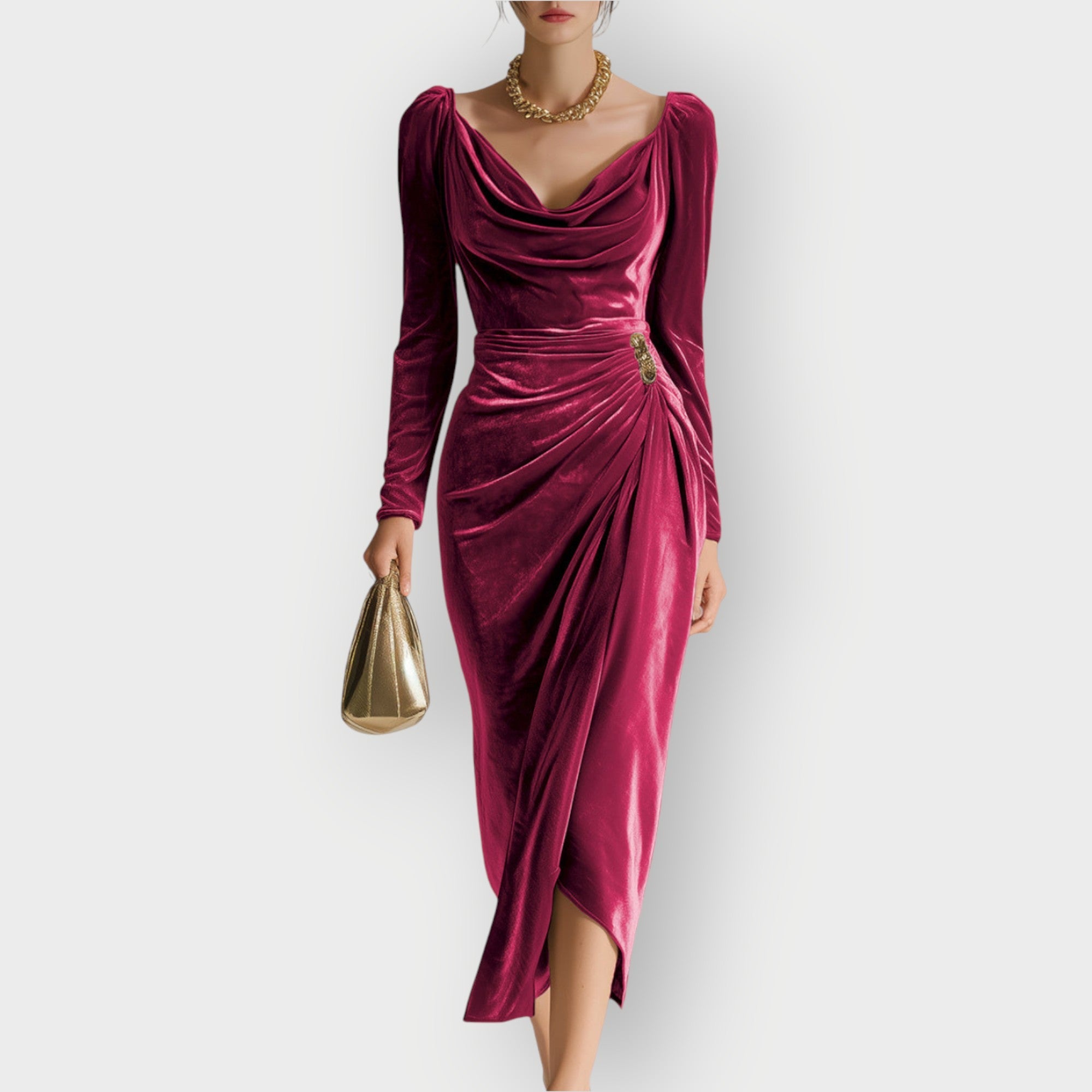 Eadoline - Ruched Draped Elegance Midi Dress
