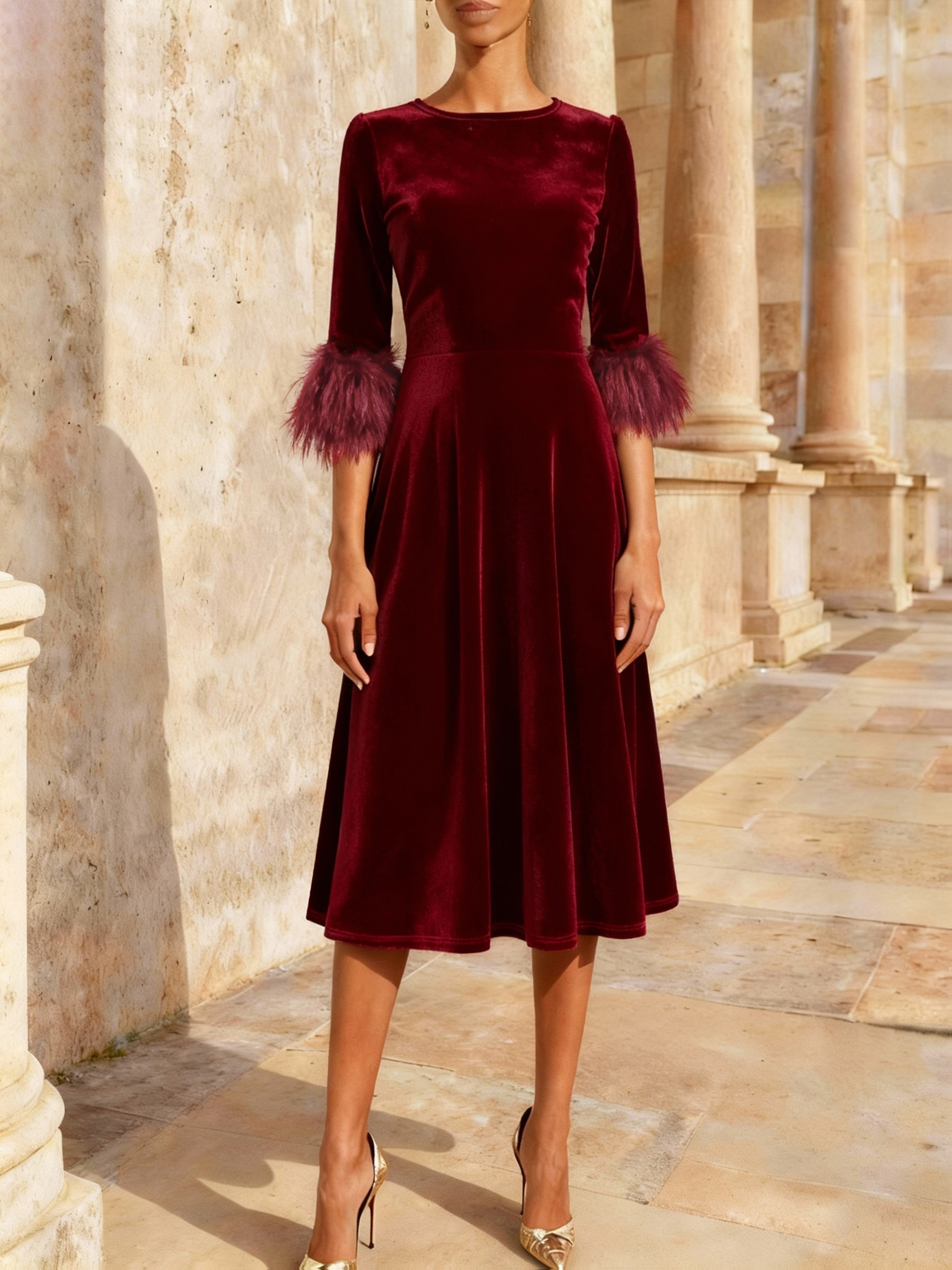 Vivienne | Velvet Midi Dress with Feather Cuff Detail