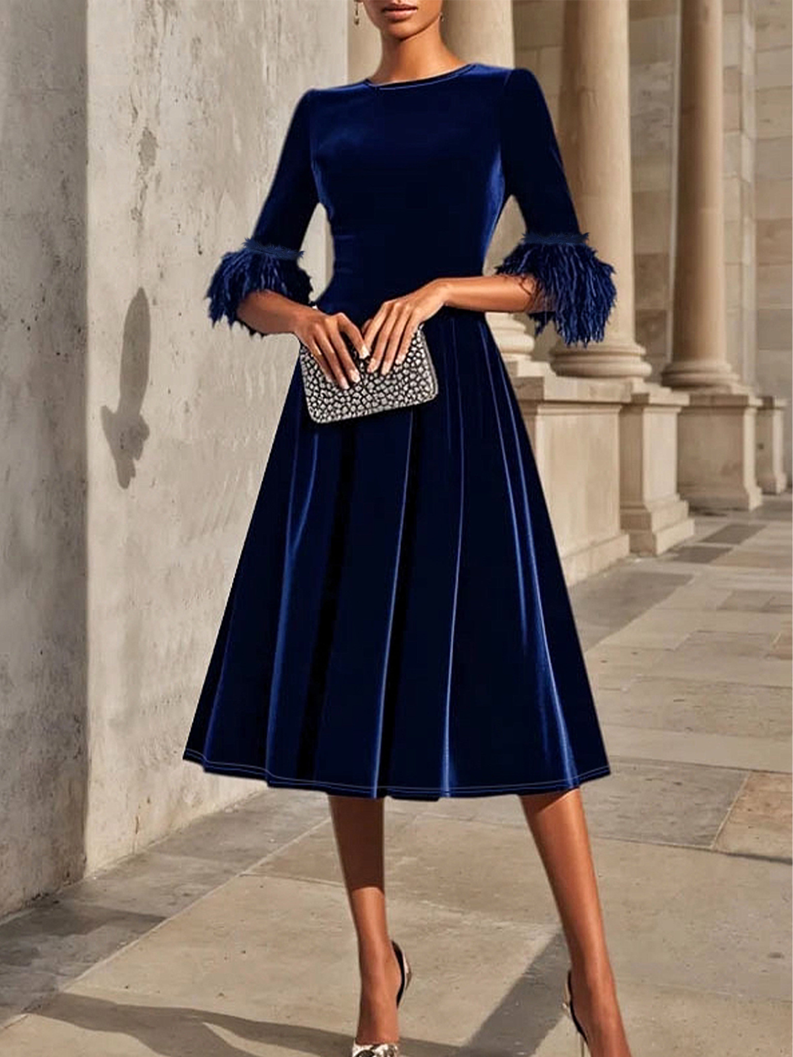 Vivienne | Velvet Midi Dress with Feather Cuff Detail