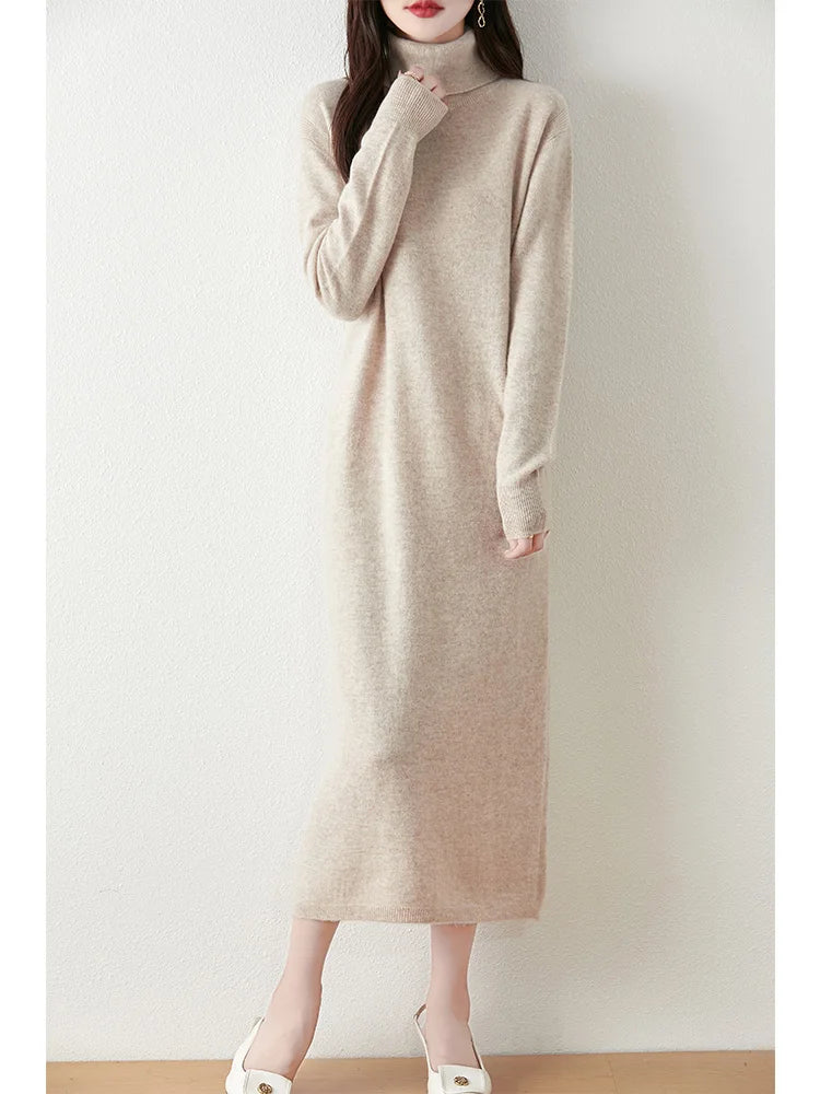 Marienne™ | Pure Merino Wool Turtleneck Midi Dress