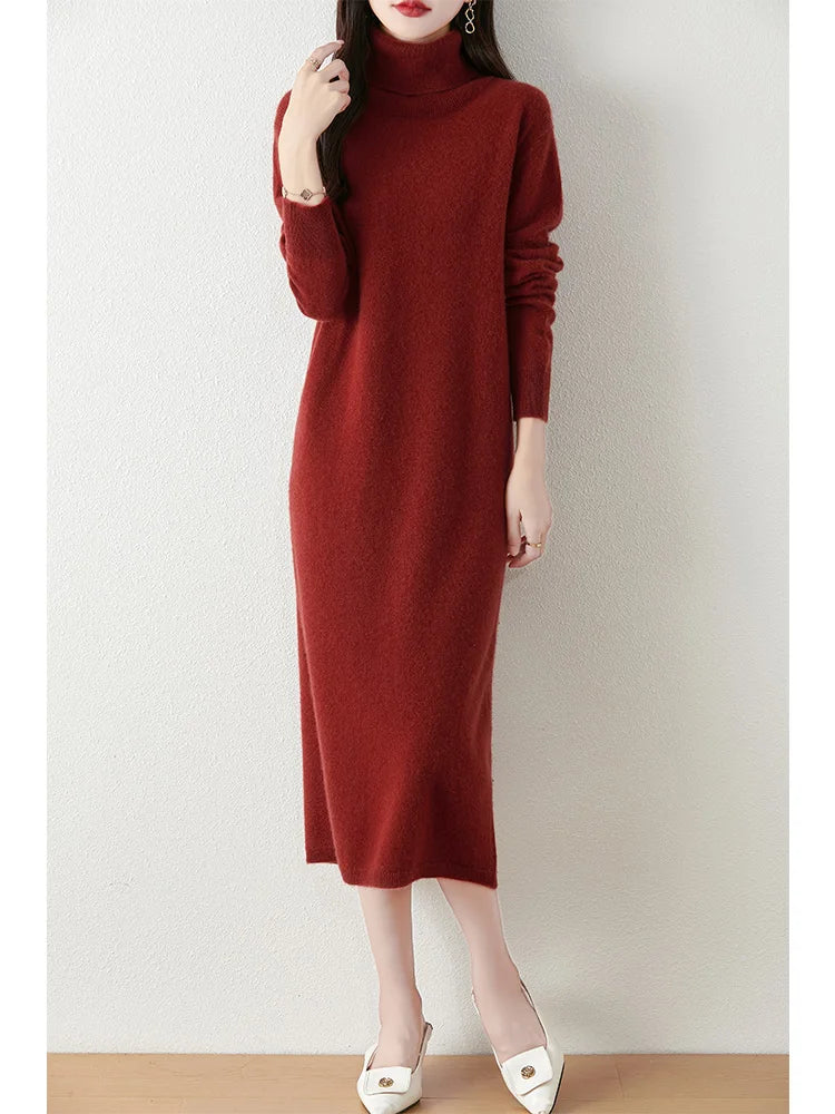 Marienne™ | Pure Merino Wool Turtleneck Midi Dress