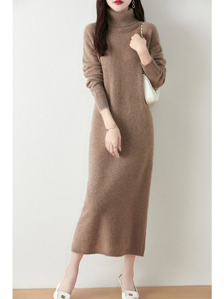 Marienne™ | Pure Merino Wool Turtleneck Midi Dress