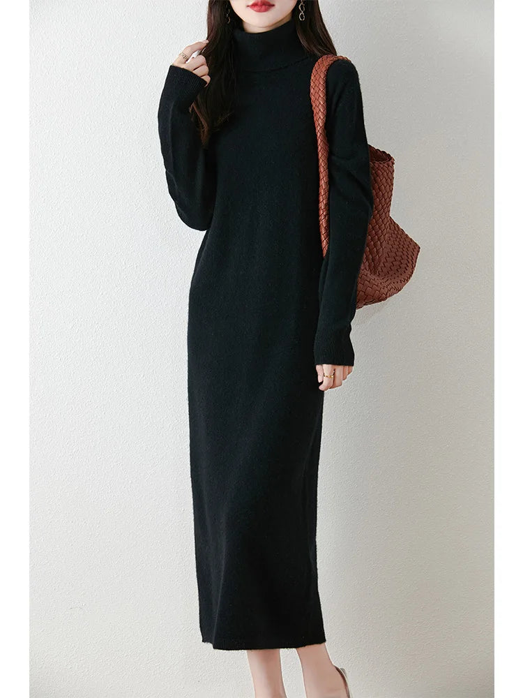 Marienne™ | Pure Merino Wool Turtleneck Midi Dress