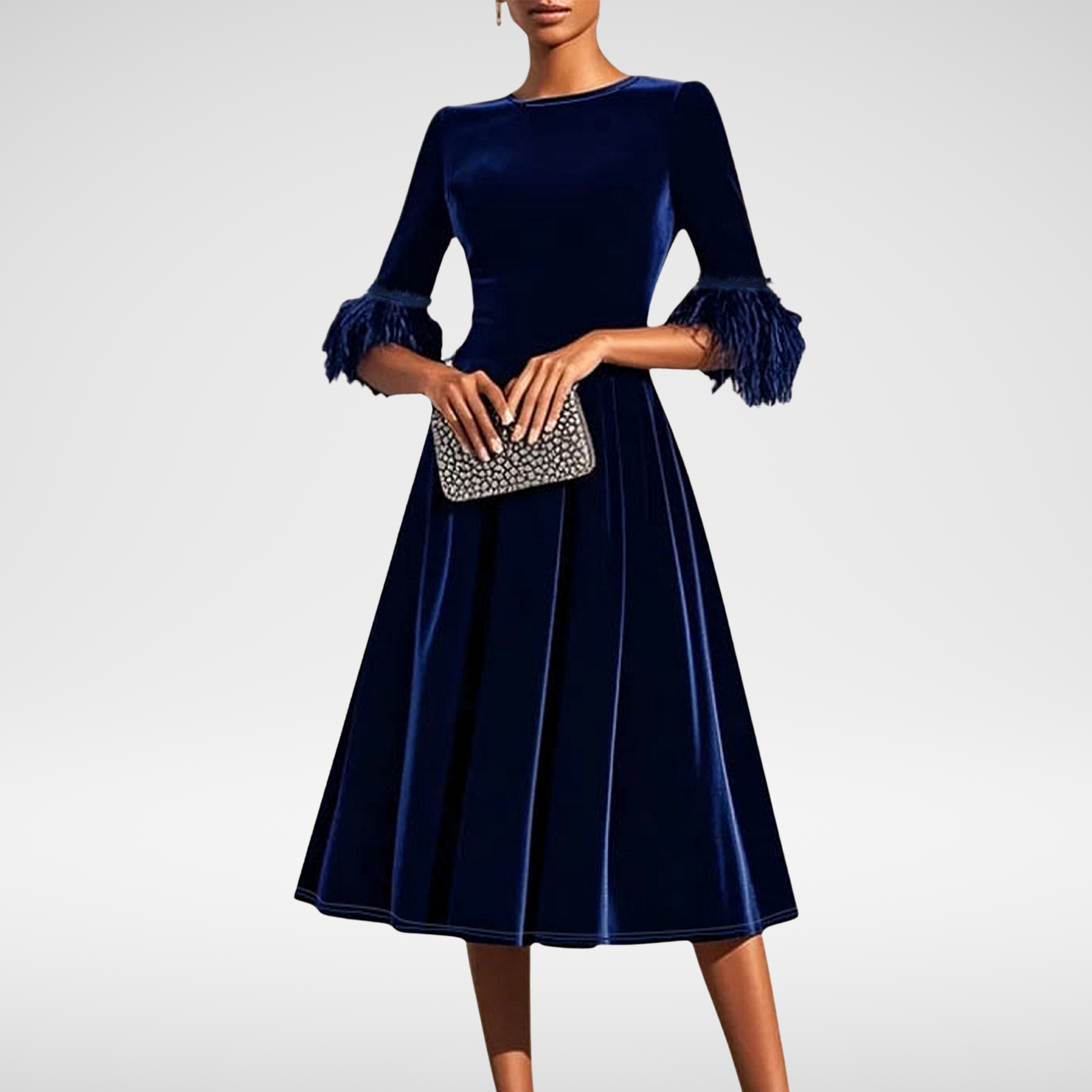 Vivienne | Velvet Midi Dress with Feather Cuff Detail