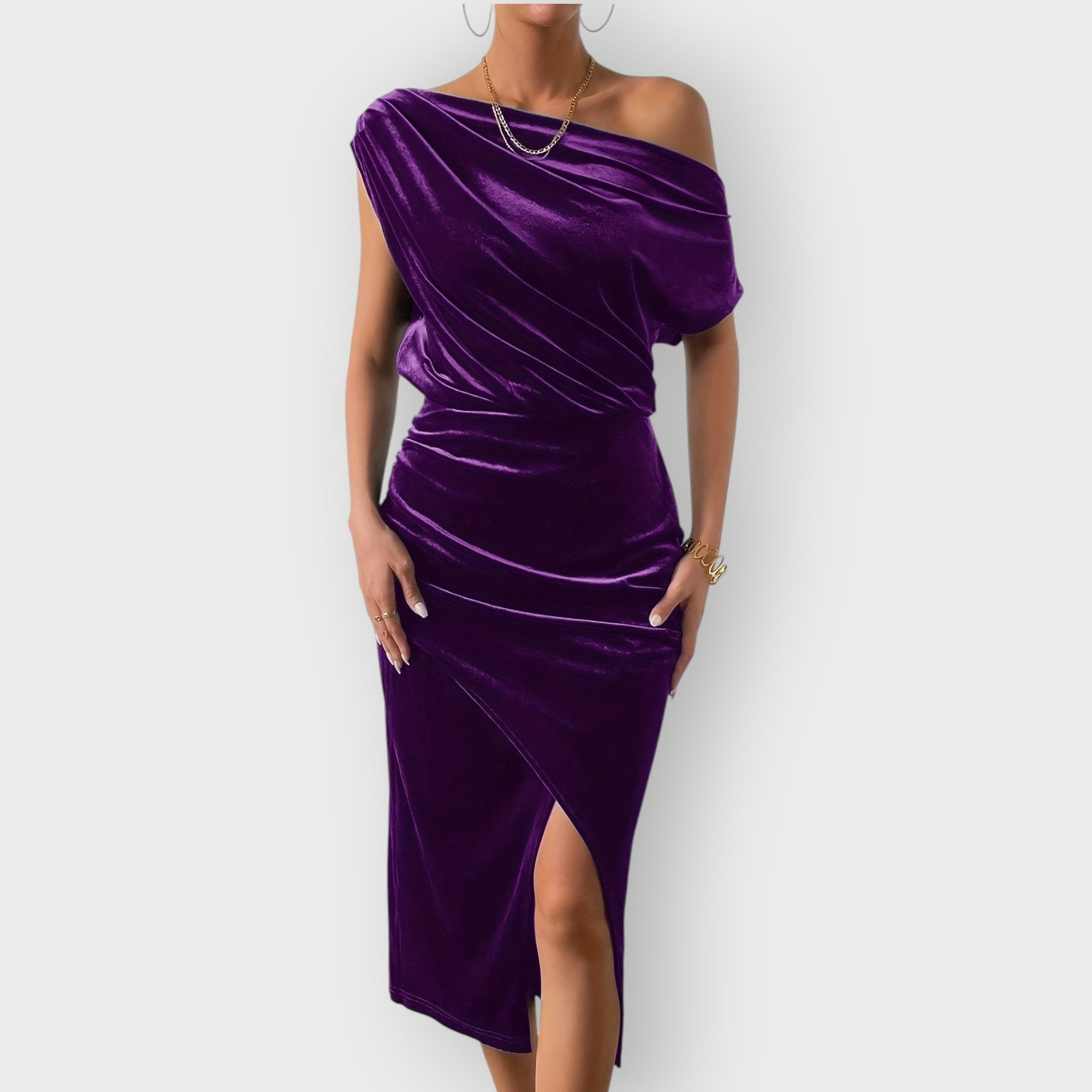 Grecia – Off-Shoulder Draped Velvet Midi Dress