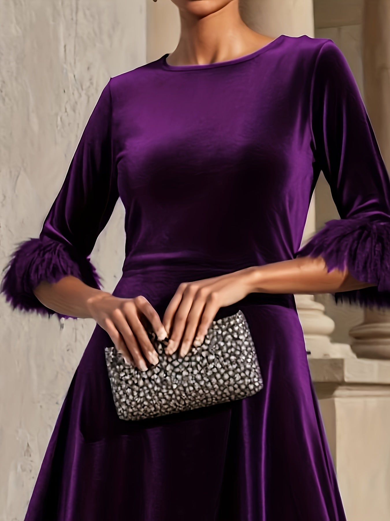 Vivienne | Velvet Midi Dress with Feather Cuff Detail