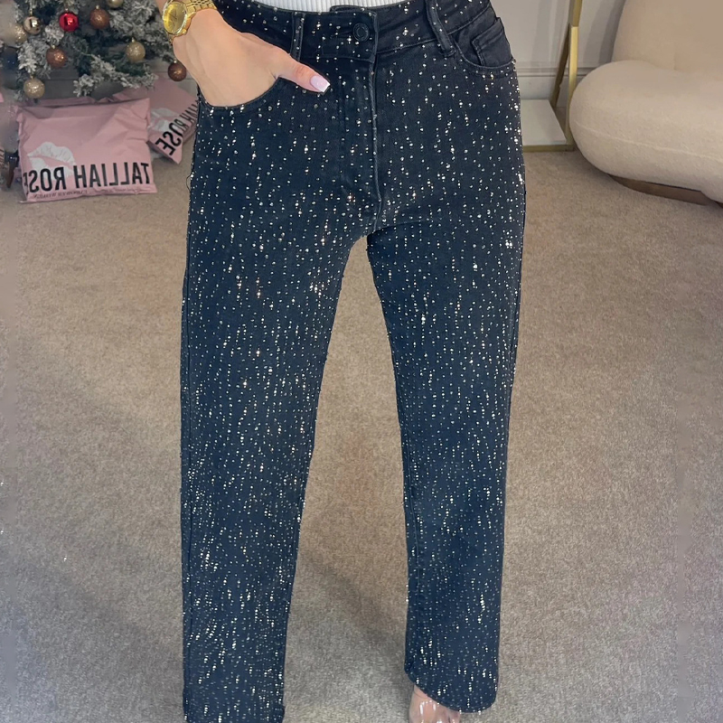 Mobaya | Rhinestone-Embellished Straight-Leg Jeans